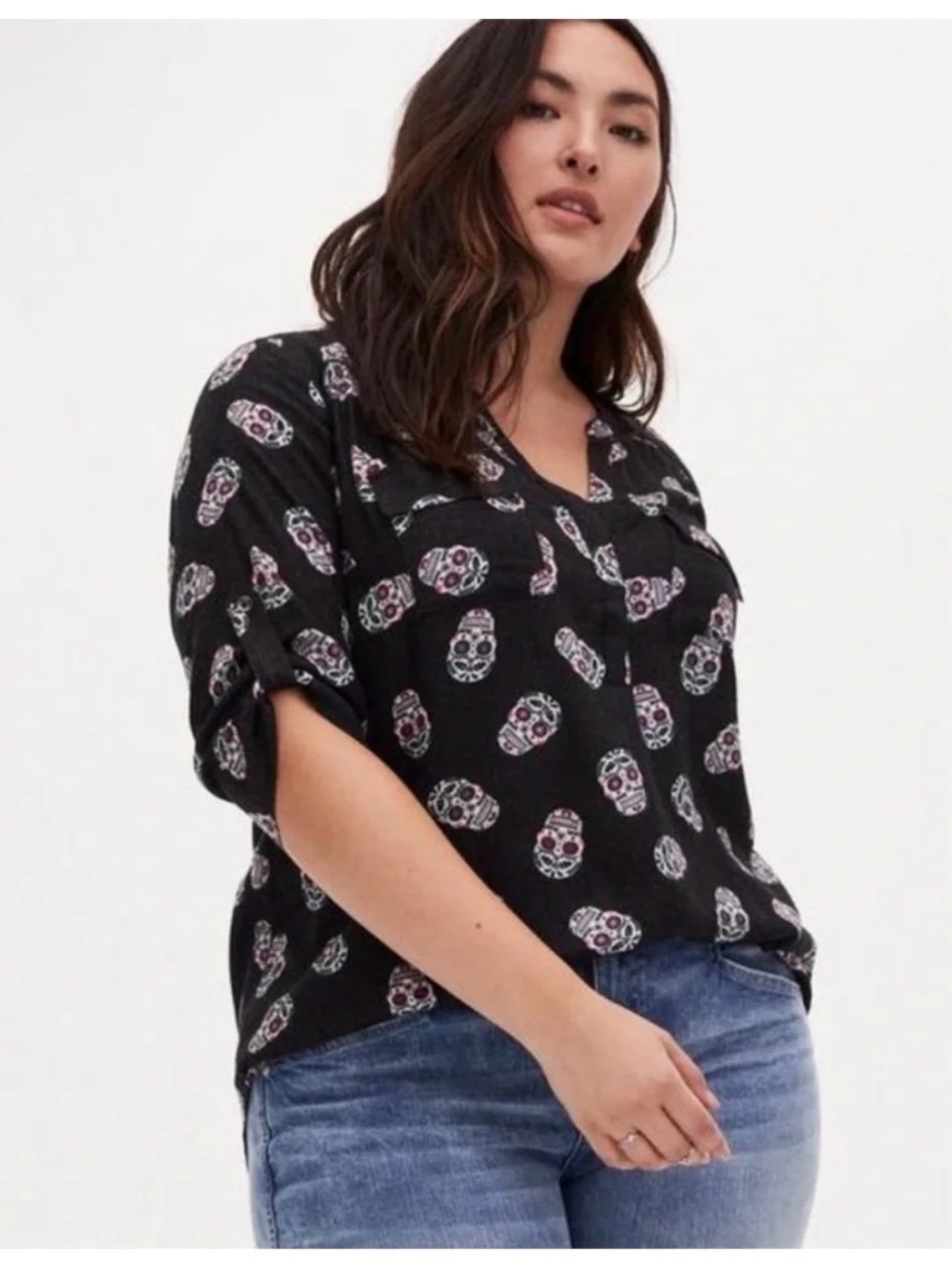 torrid Black Sugar Skull Print V-Neck Blouse with Pink Accents